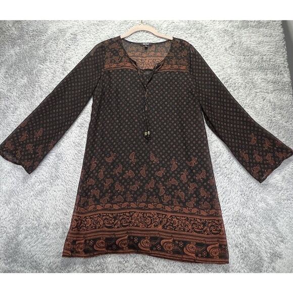 Bebop Medium Shift Dress Boho Chic Brown Black Sheer Mini Paisley - Picture 1 of 7